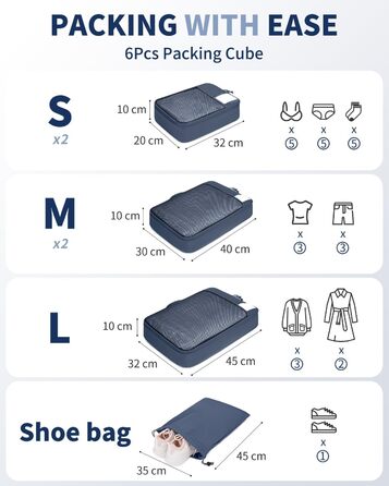 Набір органайзерів для валізи ECOHUB, 6 шт., дорожні компресійні сумки з ID-тегами, дихаючі органайзери для одягу та рюкзака з переробленого матеріалу (Синій)