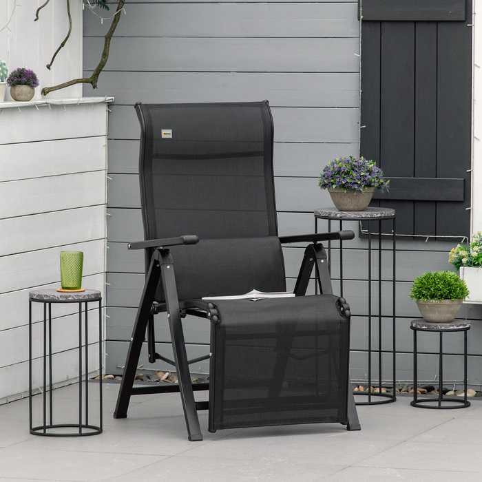 Розкішний шезлонг для відпочинку на відкритому повітрі: складаний лежак з подушкою, що імітує відчуття невагомості. Має 9 положень регулювання спинки, витримує до 150 кг. Ідеально підходить для саду, відпочинку, відпустки, пляжу, басейну. Колір: чорний.