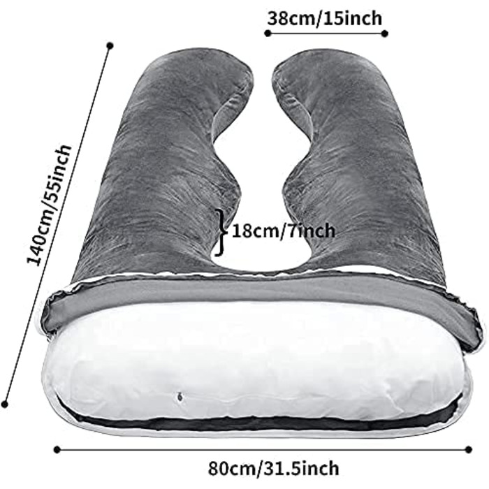Подушка для вагітних Wndy's Dream для годування груддю преміум-класу XXL U-подібна подушка для вагітних Подушка для тіла, змінна наволочка глибокого сірого кольору з антипригарним покриттям.