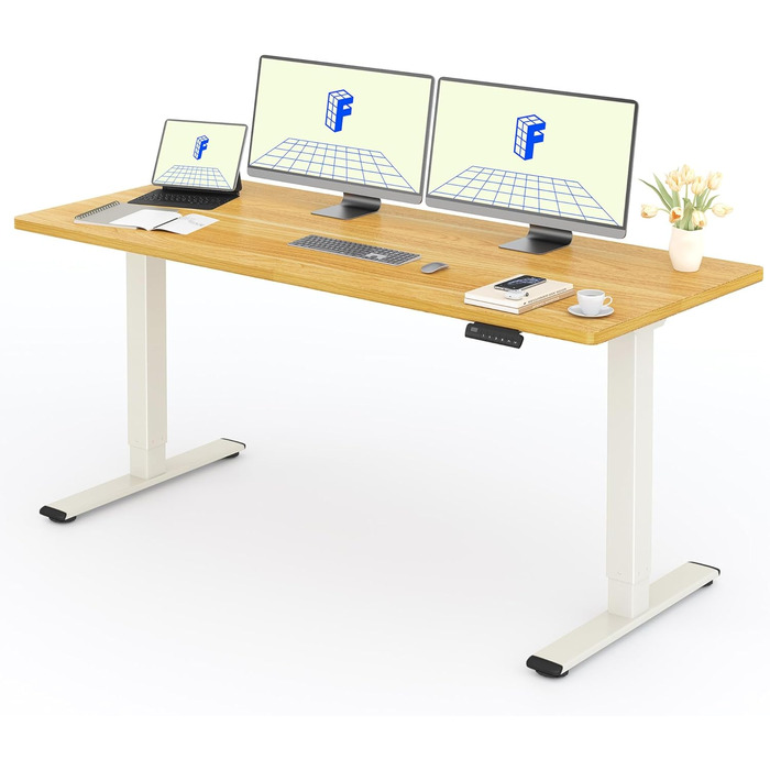 Регульований за висотою стіл FLEXISPOT з 2 моторами, стільниця 25 мм, ергономічний офісний стіл - Ahorn, біле каркас, стільниця Ahorn + білий каркас, 180 x 80 см