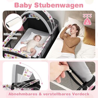 Дитяче туристичне ліжко COSTWAY 5 в 1 з матрацом, бебі-ліжко, ліжко-гойдалка з регульованим козирком, пеленальний столик, музична іграшка та сумка, до 15 кг