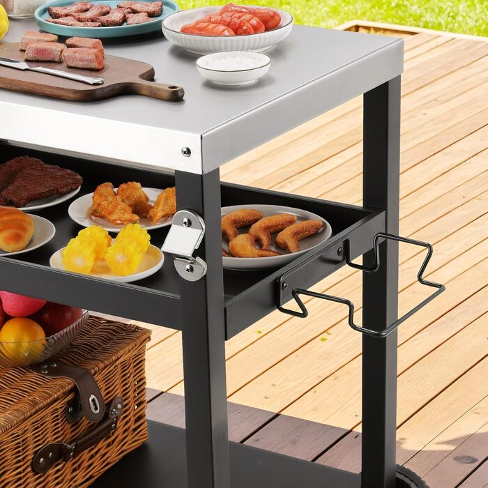 Grillwagen LIFERUN з нержавіючої сталі, 3 яруси, стіл для гриля, вуличний, з нержавіючою сталею, з гачками, на колесах