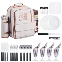 Рюкзак для пікніка VEVOR на 4 особи (20 л) з ізольованим холодильником, підстаканником/для вина та комплектом посуду для кемпінгу та пікніків, бежевий