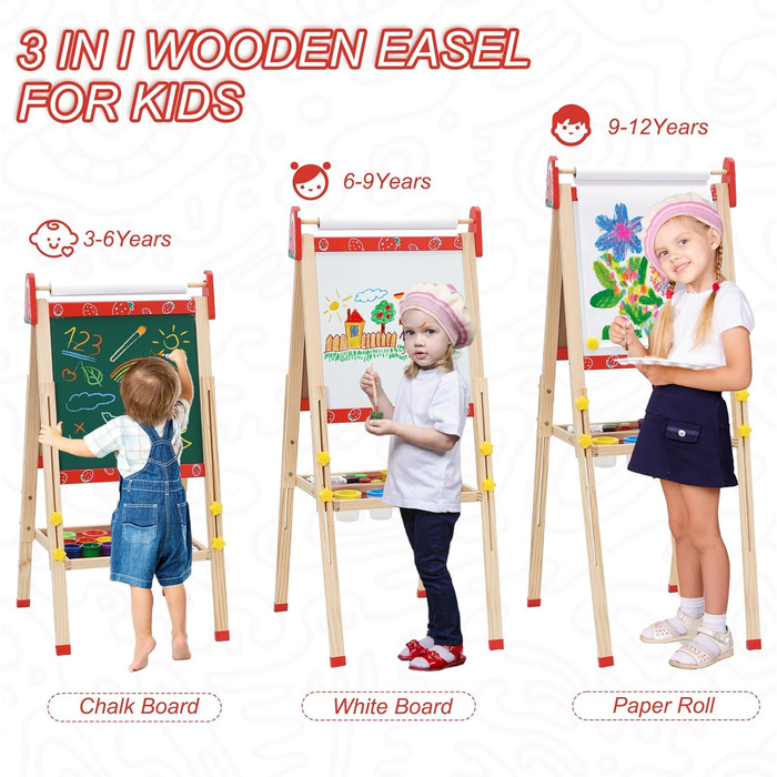Дитяча мольберт Kinder Staffelei 3 в 1: регульована висота, подвійний бік, з рулоном паперу, 100+ аксесуарів для малювання, для дітей 3-8 років (червоний)