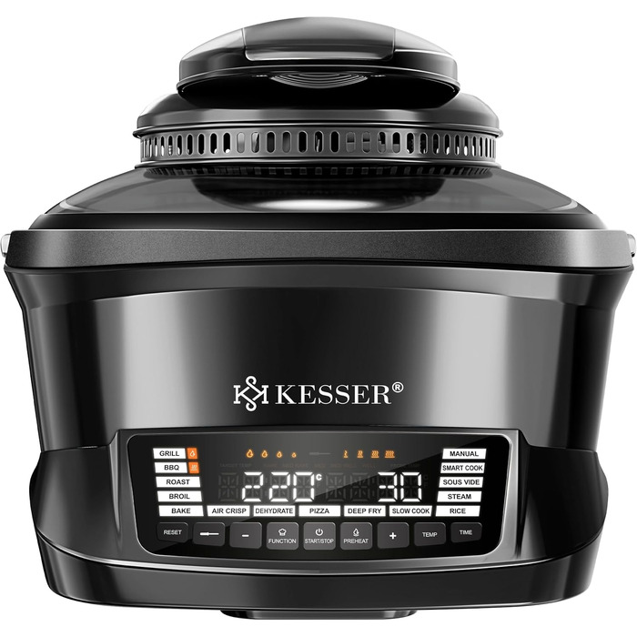 Мультиварка KESSER® 8л з фритюрницею, 16 програм, чорна. Гриль, випічка, тушкування, приготування на пару, функція підігріву та повільного приготування, приготування рису та йогурту.