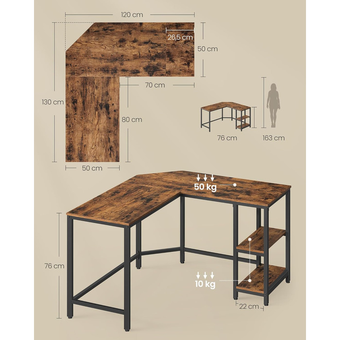 VASAGLE L-подібний кутовий стіл для комп'ютера, 138 x 138 x 76 см, з 2 полицями, для офісу та дому, геймінгу, чорний з текстурою дерева, LWD072B56