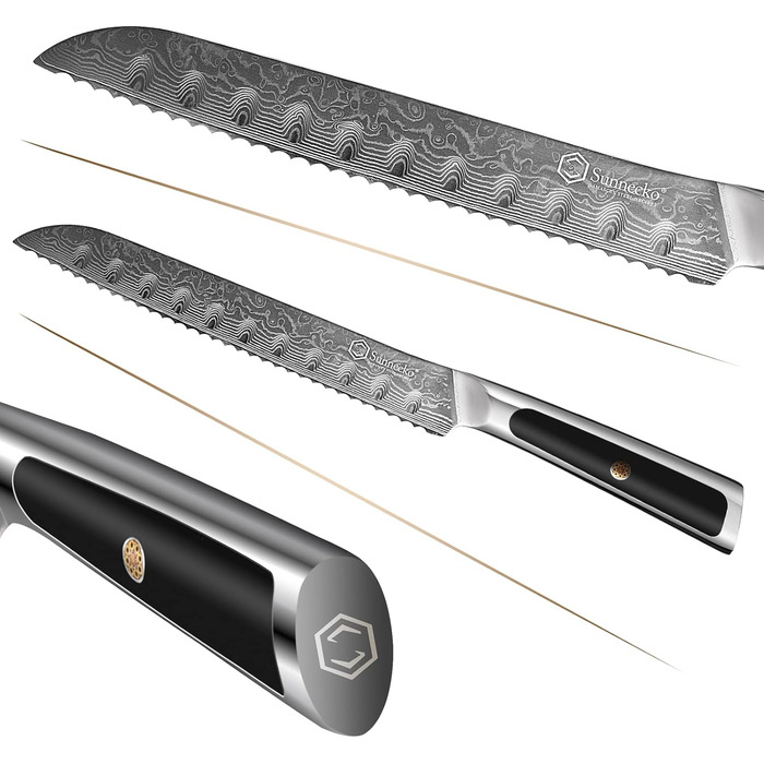 Ніж Sunnecko Дамаск - кухонний ніж з високоякісної сталі Дамаск. Багатофункціональний кухонний ніж для дому та кухні з ергономічною ручкою (8 дюймів, ніж для хліба)