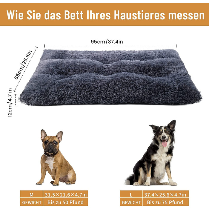 Ліжко для собак ZENGAOOU для великих собак, подушка для собак миється кошик для собак пухнаста-95x65 см анти-тривожний, протиковзкий килимок для собак L(95x65 см)