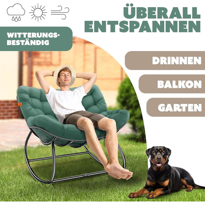 Крісло-гойдалка KESSER XXL для вулиці та дому, зелений, до 150 кг, з подушкою, ергономічне, для саду та балкону
