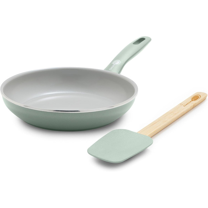 GreenPan Dover Сковорода з лопаткою, 20 см, антипригарне покриття Ceramic, безпечна, для яєць та омлетів, сумісна з духовкою, не нагрівається, легке виливання, блакитний дим, зелений колір