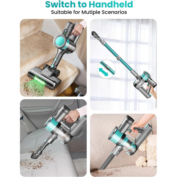 Бездротовий пилосос Dzaki 45000Pa з акумулятором, дисплеєм та антизаплутувальною насадкою для твердих поверхонь, килимів, шерсті тварин та авто (блакитний)