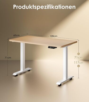 Електричний регульований стіл OffiGo 120x60 см з двома моторами, USB-порт, 3 функції пам'яті, дуб