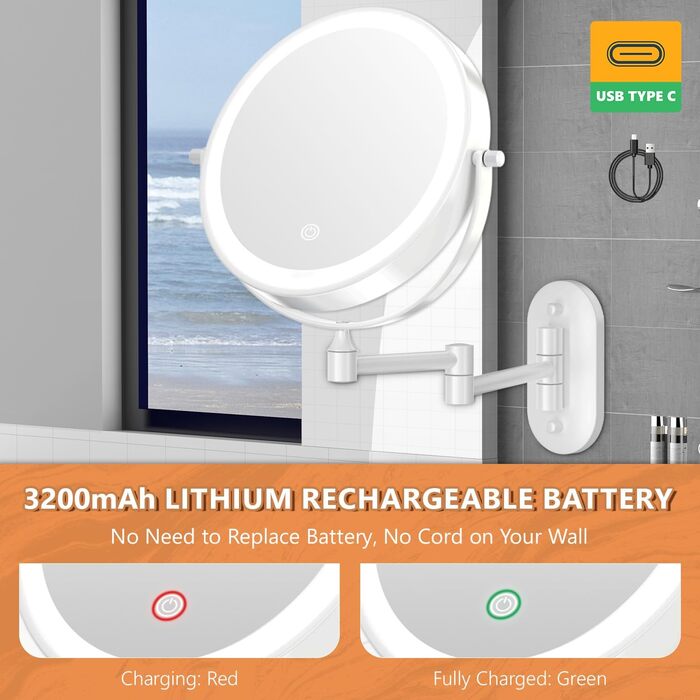 Дзеркало для макіяжу Auxmir з підсвічуванням, 1x, перезаряджуване, з підсвічуванням для гоління, настінне, з регулюванням яскравості, збільшувальне (30x), 3 кольори світла, поворотне на 360°, для ванної кімнати (білий)