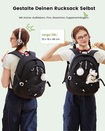 Шкільний рюкзак LOVEVOOK для підлітків, 5 клас, з нагрудною стрічкою, легкий, для дівчаток, 17.3 дюйми (Чорний)