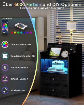 Нічний столик IRONCK з LED-підсвічуванням, розеткою та функцією зарядки, з ящиками, чорний