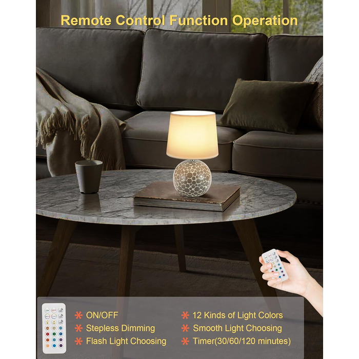 EGOBASIC Лампа настільна керамічна акумуляторна з пультом, 12 кольорів RGB, диммування, таймер, для вітальні, спальні, їдальні