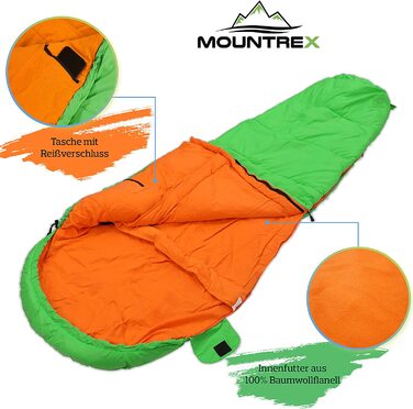 Дитячий спальний мішок MOUNTREX - портативний, як рюкзак - дитячий спальний мішок (175 x 70 x 45 см) Легкий і компактний для активного відпочинку, подорожей, наметів, кемпінгу-спальний мішок мумії-підкладка з 100 бавовни (зелений / помаранчевий, 175 x 70 