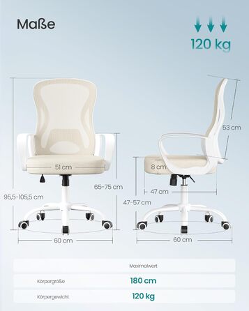 Офісний стілець SONGMICS ергономічний з підтримкою спини, обертовий, сітчастий, з підлокітниками, бежево-білий