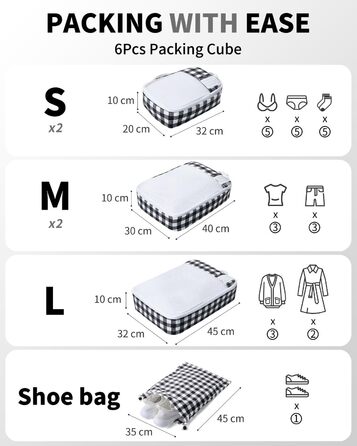 Набір органайзерів для валізи ECOHUB, 6 шт, дорожні компресійні сумки-кубики з ID-тегами, повітропроникні органайзери для одягу та рюкзака, чорно-білий колір
