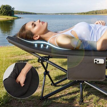 Розкладне кемпінгове ліжко OVERMONT з матрацом, 190x70x40 см, витримує до 250 кг, тканина Оксфорд, з кишенею та сумкою для перенесення, чорне