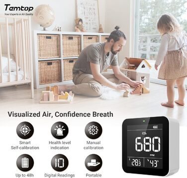 Temtop C10-2ND Монітор CO2 з Bluetooth, Wi-Fi, App, Температура та Вологість, для Дому та Офісу
