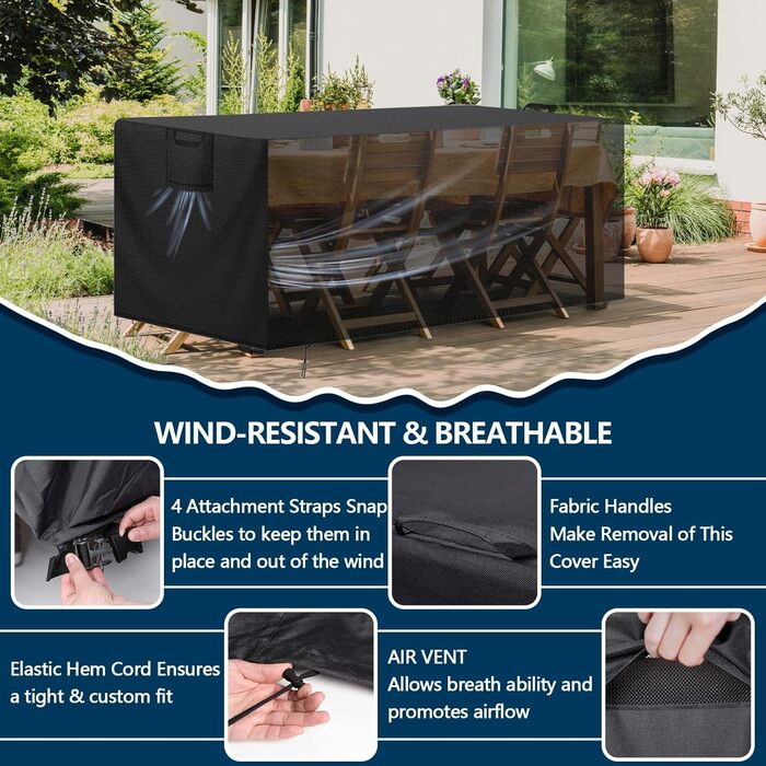 Захисний чохол для садово-патіо меблів, водовідштовхувальний, 420D Oxford, анти-UV, для столів та інших меблів, чорний, 150x90x75 см