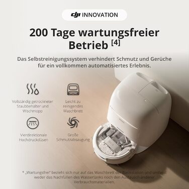 Робот-пилосос DJI ROMO S з функцією миття підлоги, 25 000 Па потужність всмоктування, розпізнавання перешкод рівня дрона, два робочі руки, 200 днів без обслуговування, автоматичне очищення та сушіння моп-насадки (DJI ROMO A (версія з баком для води))