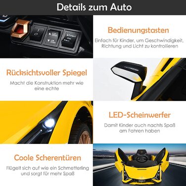 Дитячий електромобіль GOPLUS Lamborghini з пультом, Bluetooth, USB, музикою, для дітей 3-8 років, білий/жовтий