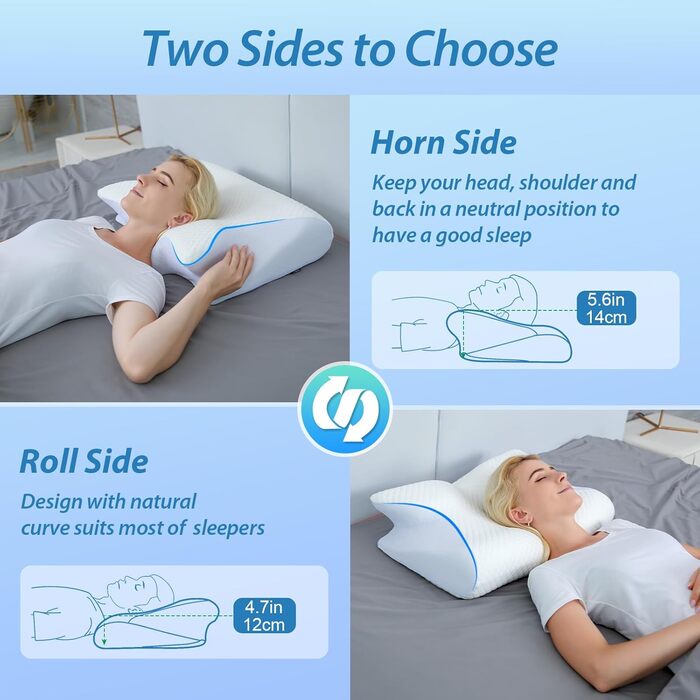 Ортопедична подушка HOMCA 2 в 1 з Memory Foam для сну на спині, боці та животі, 60x40x12/14 см, біла