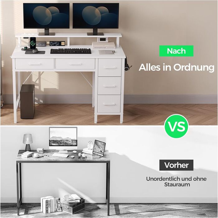 Комп'ютерний стіл Seventable з розетками та LED-підсвічуванням, 100 см, ігровий стіл з 5 шухлядами, стіл для офісу, робочого кабінету, спальні, вітальні, білий