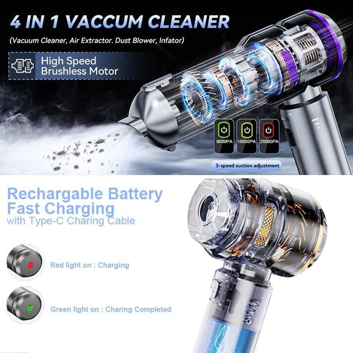 Ручний бездротовий пилосос для авто та дому, 25000 Па, з мийним HEPA-фільтром, потужний акумуляторний пилосос-продувачка, сріблястий