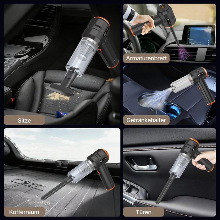 Акумуляторний ручний пилосос Piwaal 4-в-1, 22000Па, безщітковий двигун з функцією обдуву (220000 об/хв), для авто, дому, офісу та комп'ютера, чорний