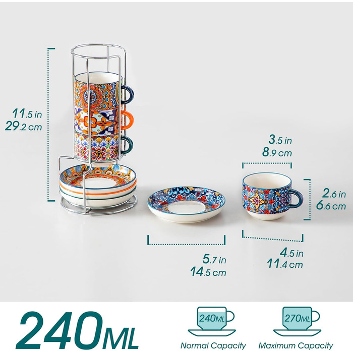 Набір чашок для еспресо Vancasso 4 шт., 150 мл SIMI, з підставками та стійкою, керамічні, для капучино, еспресо, лате (270 мл)