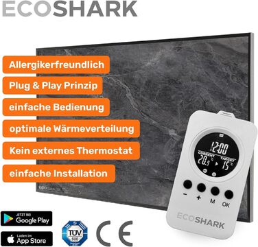 Інфрачервоний обігрівач ECOSHARK з термостатом 300 Вт ЕКОНОМІЯ ВИТРАТ НА ЕЛЕКТРОЕНЕРГІЮ - з пультом дистанційного керування - Електричний обігрівач для розумного будинку на 3-7 м - Підлоговий блок/настінний монтаж (сертифікований TV) (800 Вт (від 13 до 20