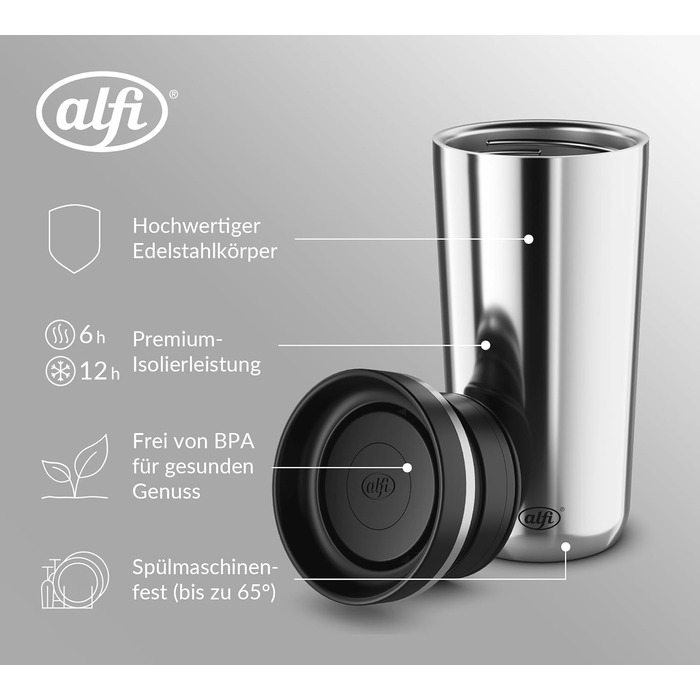 Термокружка Alfi ISO COFFEE MUG PRO: нержавіюча сталь, 0.38 л, для кави з собою, зберігає тепло 6 год, холод 12 год, BPA-free, миється в посудомийній машині