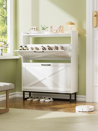 Шафа для взуття з 2 дверцятами, полиця для взуття в передпокій, вузька шафа-кіпер для взуття з 4 полицями, тумба для взуття з металевими ніжками, органайзер для взуття з дерева для стіни, 80x23,8x101,7 см, білий