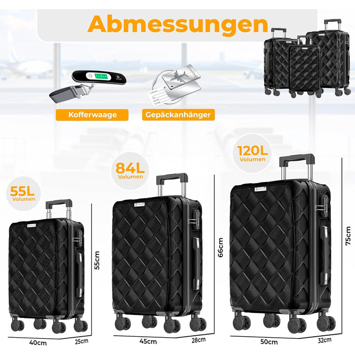 Набір валіз KESSER з 3-х предметів, ABS пластик, жорсткий корпус, з кодовим замком, вагами для багажу та дорожньою сумкою, колеса 360°, чорний