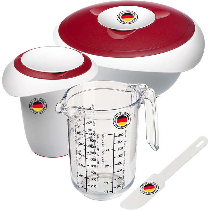 Набір для випічки Westmark Back-Set 4 шт. з мисками, вінчиком, мірною склянкою та скребком/роз’єднувачем для випічки, пластик, білий/червоний/прозорий, 315522E7