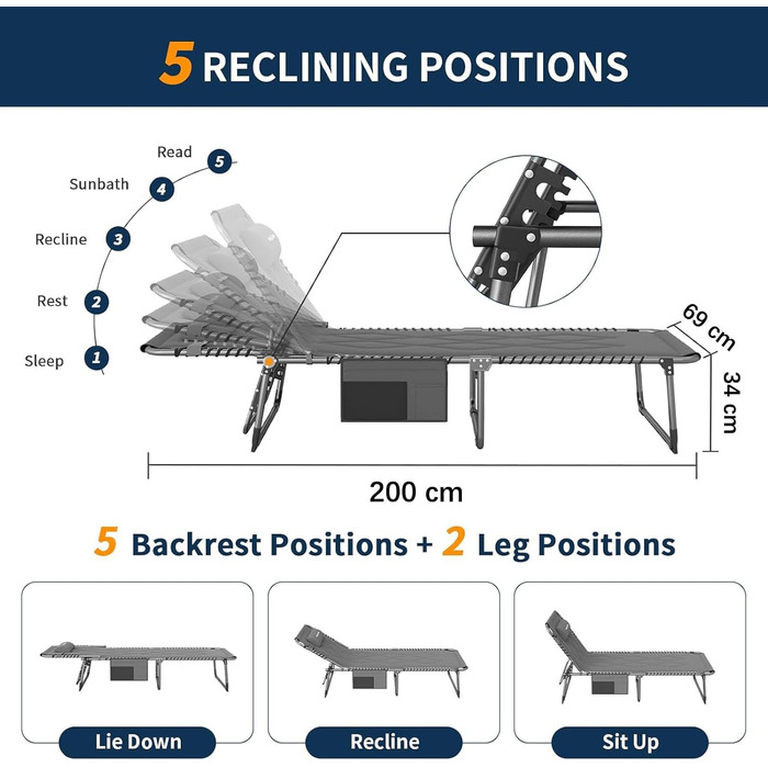 Розкладне ліжко для кемпінгу UDPATIO: зручне ліжко для відпочинку на природі з регульованою спинкою, сіре