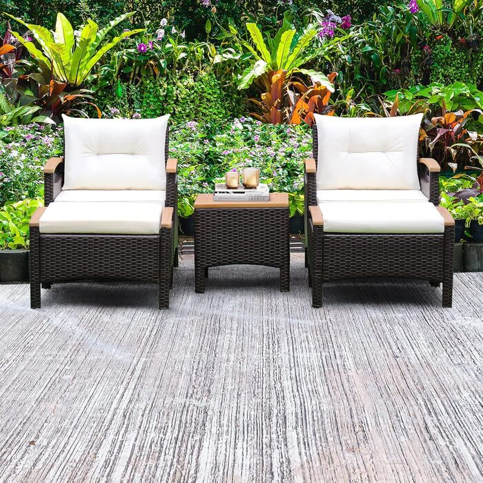 Набір садових меблів GIANTEX 5 предметів: 2 крісла, 2 пуфи та столик - ротанг, кремово-білий колір, для саду та балкону