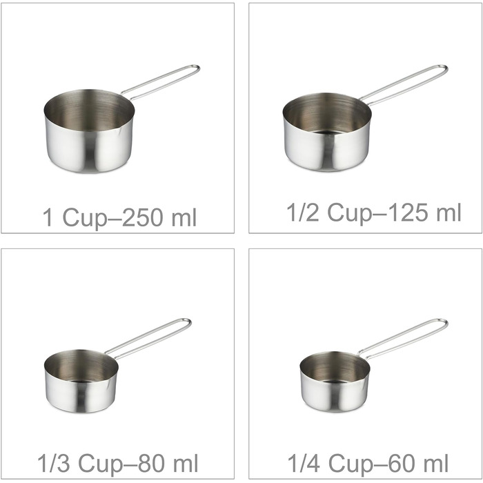Набір мірних чашок і ложок, 8 предметів, нержавіюча сталь, США та мл, порційна ложка, срібло