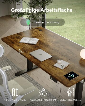 Регульований стіл Devoko 200x80 см з USB-C, електричний, мобільний, з органайзером для кабелів, білий/вінтажний коричневий