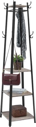 Стійка для одягу VASAGLE з 8 гачками, 4 полицями та вішалкою, металевий каркас, для шалей, курток, сумок, для прихожого, золотий дуб + білий колір (Greige Meliert + Tintenschwarz)