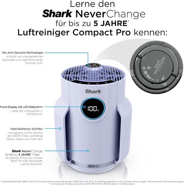 Повітряний фільтр Shark NeverChange HP150EU: для кімнат до 60 м², HEPA-фільтр на 5 років, 99,97% від алергенів, авто-режим, тиха робота, LED-дисплей, білий