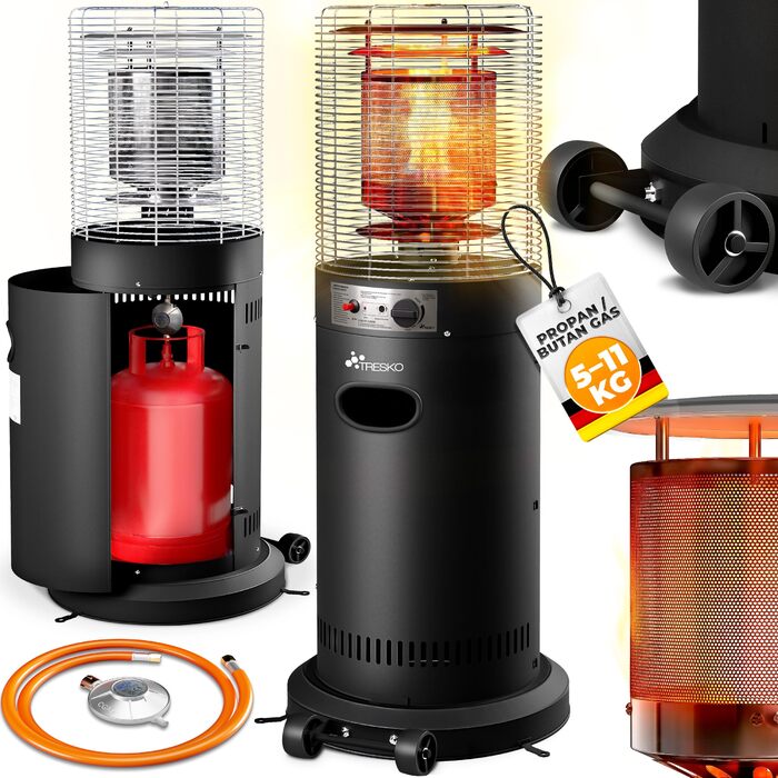 Газовий обігрівач TRESKO® 11 кВт на колесах | Для тераси, балкону та саду | Газовий нагрівач-гриб з регулятором та шлангом (Чорний)