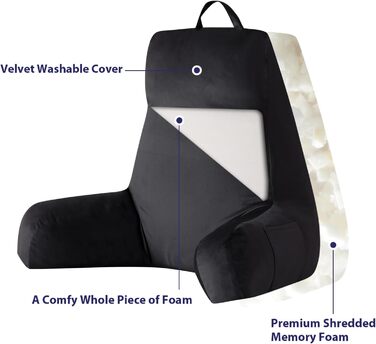 Крісло-мішок з підлокітниками для дорослих, подушка для спини для відпочинку в ліжку, з піною з пам'яті та кишенями, знімний, пральний чохол, для релаксації, перегляду телевізора, чорний, X-Large (24 дюйми)