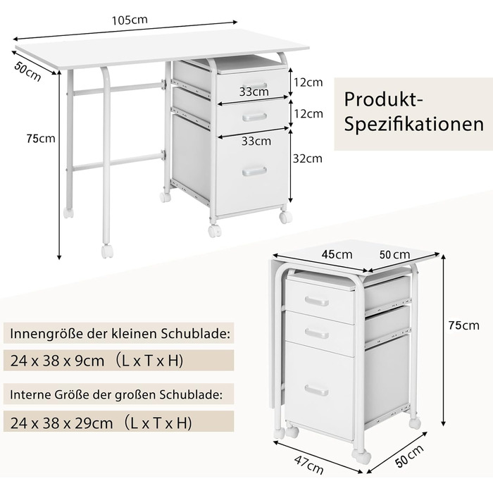 Складаний комп'ютерний стіл COSTWAY з 3 ящиками і колесами, 105x50x75 см, білий