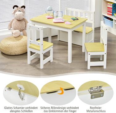 Дитяча меблева група COSTWAY з місцем для зберігання: стіл для малювання з 2 стільцями та лавка. Зроблено з екологічного дерева FSC, для дітей від 3 років (сірий/натуральний колір)