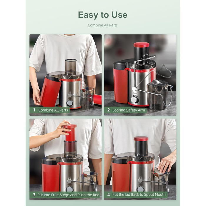 Reemix Соковитискач для овочів та фруктів, професійний Max Juicer з нержавіючої сталі, 800W, 3 швидкості, червоний