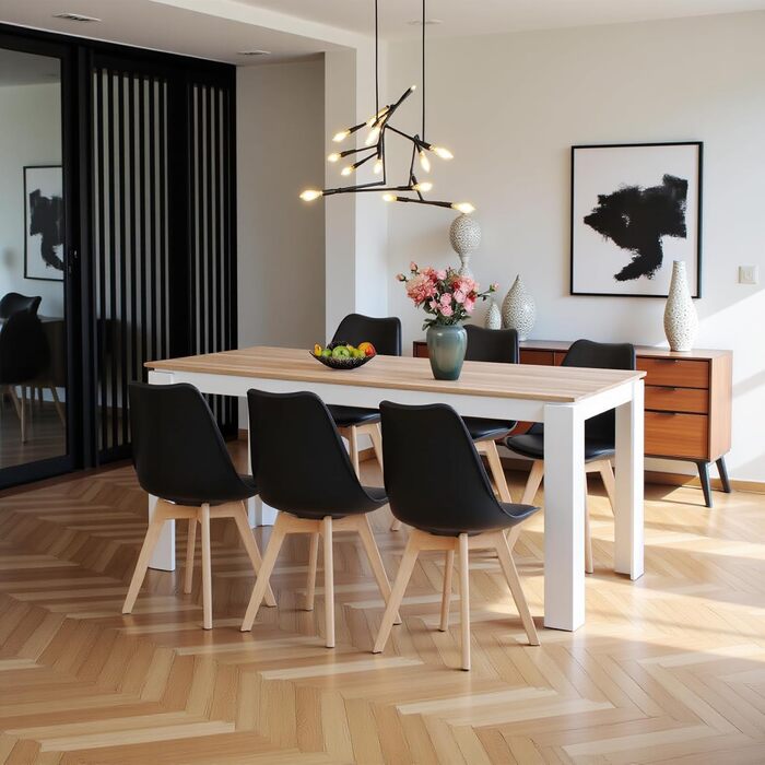 Обідній стіл з 6 стільцями, комплект для їдальні. Дерев'яний стіл 160 см та 6 стільців для вітальні, кухні або офісу. Колір: дуб/білий, ніжки столу - дуб.
